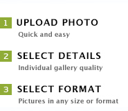 1. Upload Photo - Upload, quick and easy, 2. Select details - Individual gallery quality, 3. Select format - Pictures in any size or format